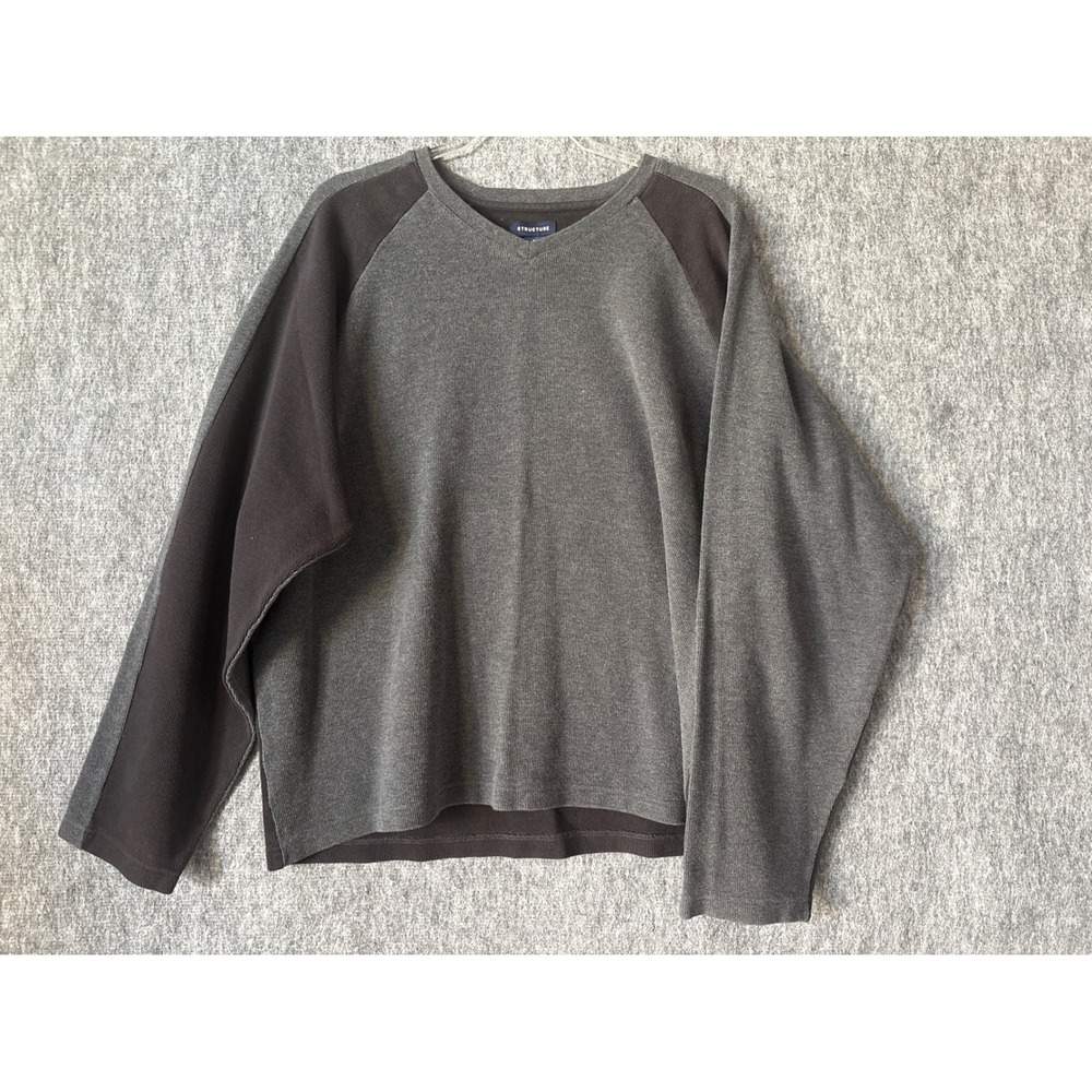 Structure Mens XL Thermal Shirt Gray Brown Colorblock Waffle Knit V-Neck USA